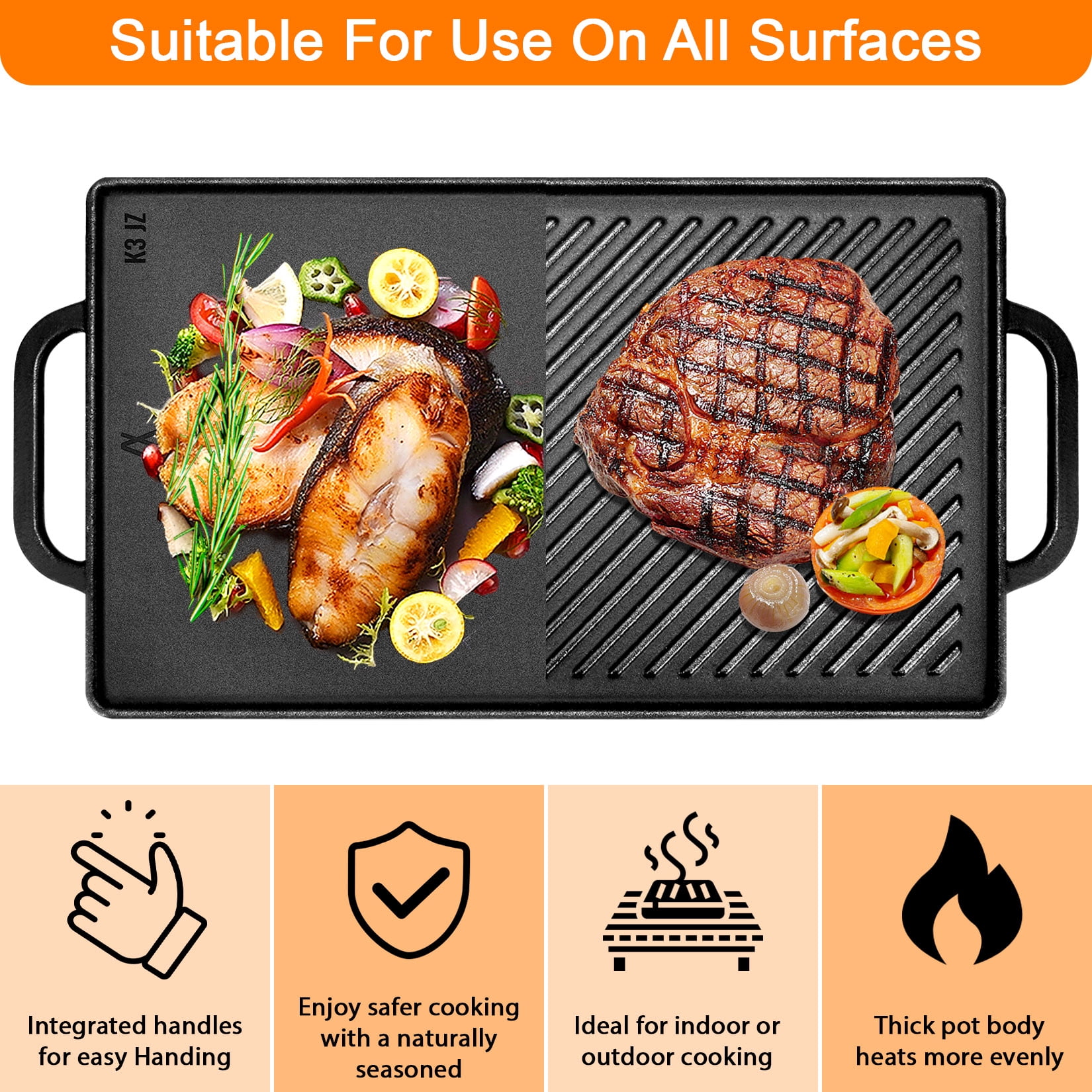 Uscover Cast Iron Reversible Grill and Griddle Pan 15x9 Inches with Handles for Gas Grill & Stove Top Black