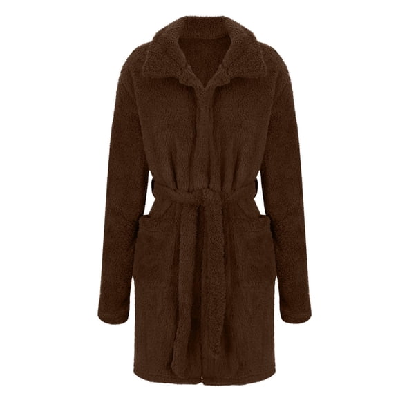 Bathrobe for Women Warm Plush Long Sleeve Mid Length Robes Soft Shower Spa Sleep Robes with Pockets Brown S
