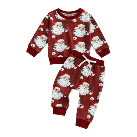 

Sunisery Baby Girls Boys Christmas Clothes Set Santa Claus/Snowman Print Long Sleeve T-shirt with Elastic Waist Pants 18-24 Months