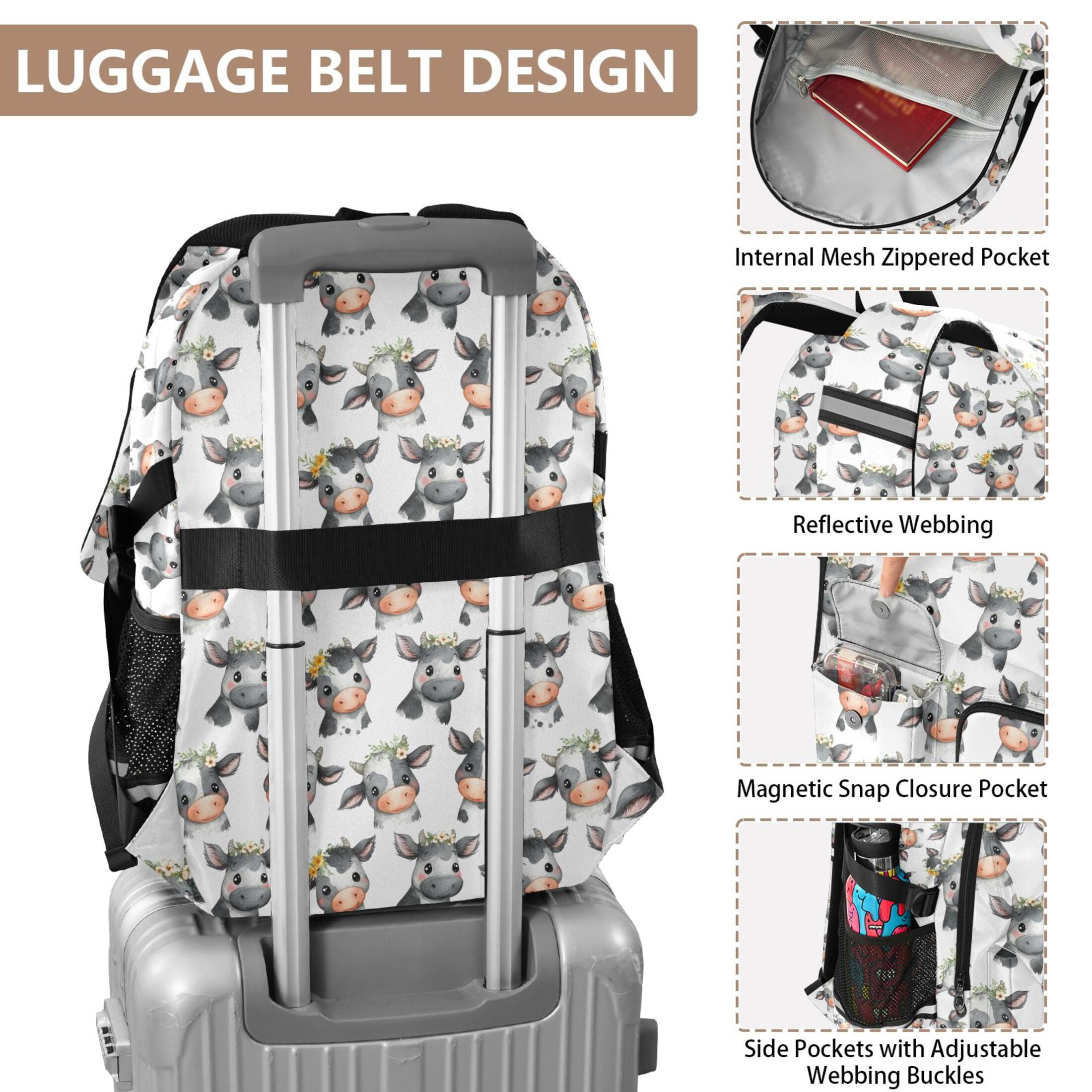 ALAZA Cute Cow with Flower Print Student Backpack School Bookbag Large Laptop Daypack Travel Bag