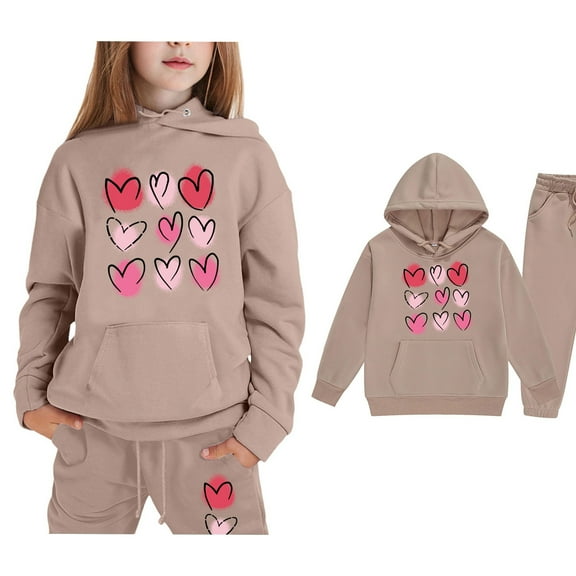 LIUYUNNN Kids Toddler Sweatsuit 2PC Long Sleeve Pullover Khaki Heart Basic Hoodie Sweatpants Winter Clothes Teen Outfits for Girls 8-9 Years Trendy Boys Girls Autumn and Winter Outfits