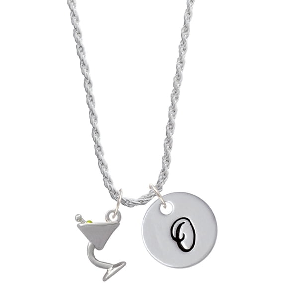 Delight Jewelry Silvertone Martini Drink with Olive Silvertone Script Initial Disc - O - Charm Necklace, 20"+3"