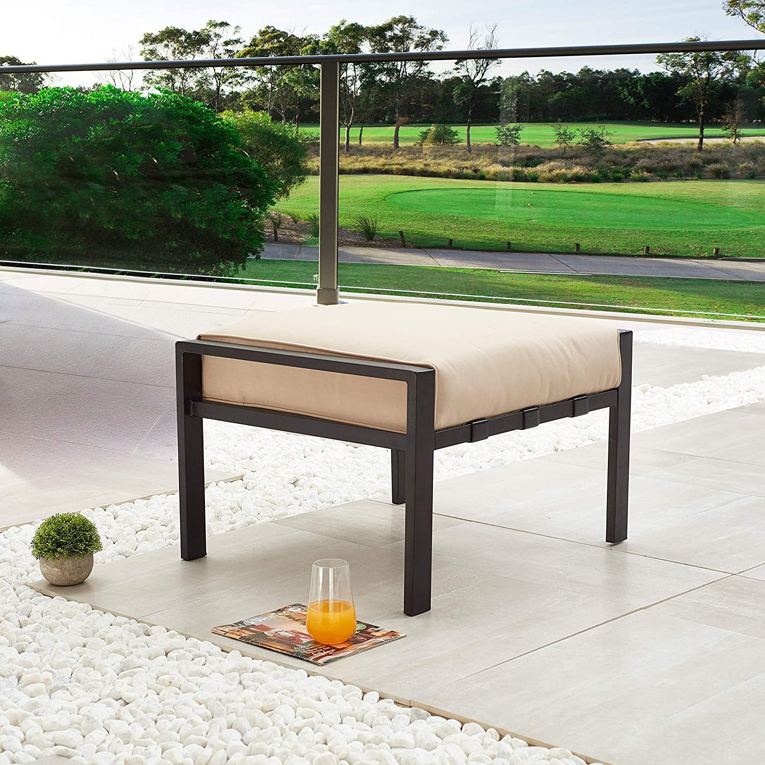 Patio Ottoman Metal Cushion Foot Rest Modern Outdoor Furniture Small Seat for Garden Yard Deck Poolside Beige Walmart