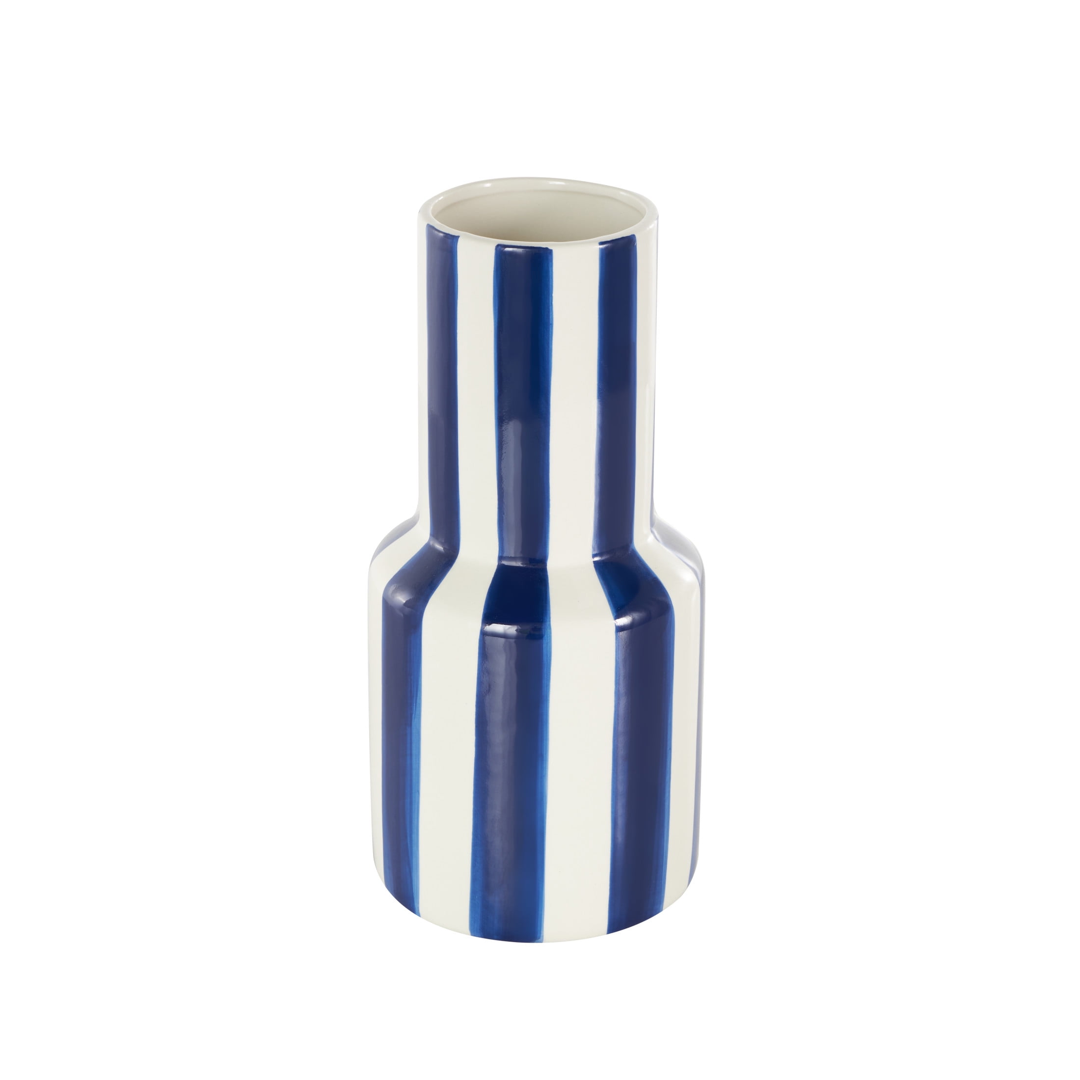 DecMode 11" Round Blue Ceramic Vase with White Vertical Stripes