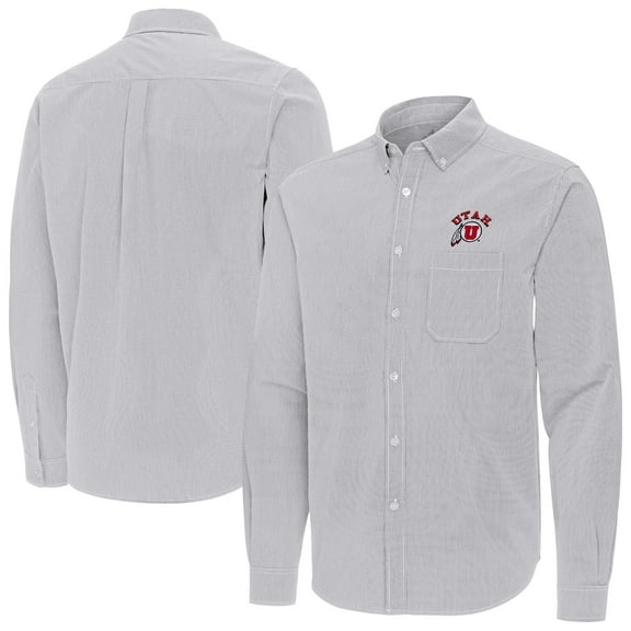 Men's Antigua Gray Utah Utes Porter Woven Tri-Blend Long Sleeve Button-Down Shirt
