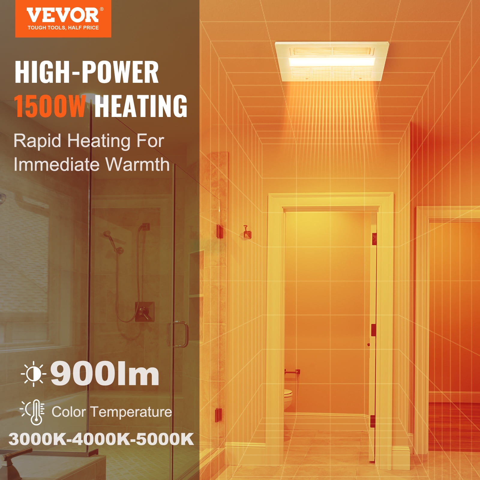 VEVOR Bathroom Exhaust Fan, 1500W Heating, 110 CFM High-Efficiency Ventilation, 1.5sones Low Noise Operation, Energy-Saving Bathroom Ceiling Fan, For Various Ceilings