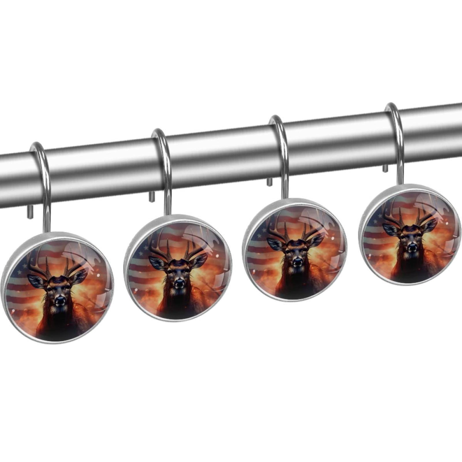 Deer Shower Curtain Hooks （Set of 12） for Home Hotel Shower Rods Bathroom Crystal Glass Print Stainless Steel Round Curtain Hooks