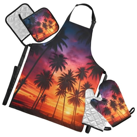 Palm Trees During Sunset Time 5 Pcs Kitchen Set Heat Resistant Oven Mitts and Non-Slip Pot Holders with Adjustable Cooking Apron