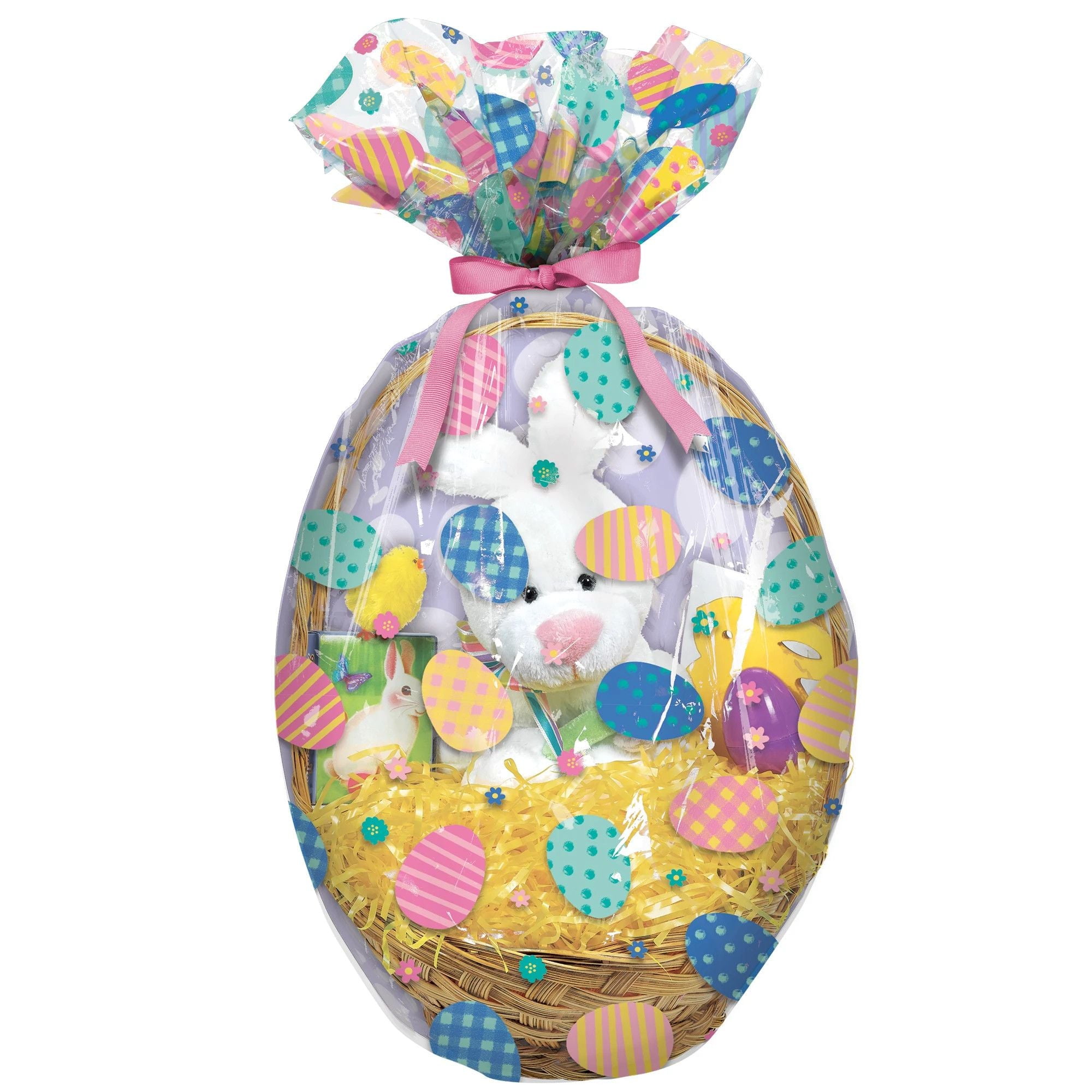 Happy Go Fluffy Easter Basket Wrap Bags w Multicolor Egg Design 28" x 21.9" x 8" 