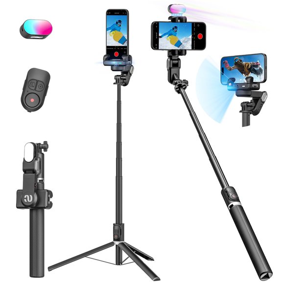 AOCHUAN Stabilisateur de Visage Sans Application, Stabilisateur de Lumière RGB 4 en 1, Trépied Portable pour iPhone&Android, Extension Intégrée
