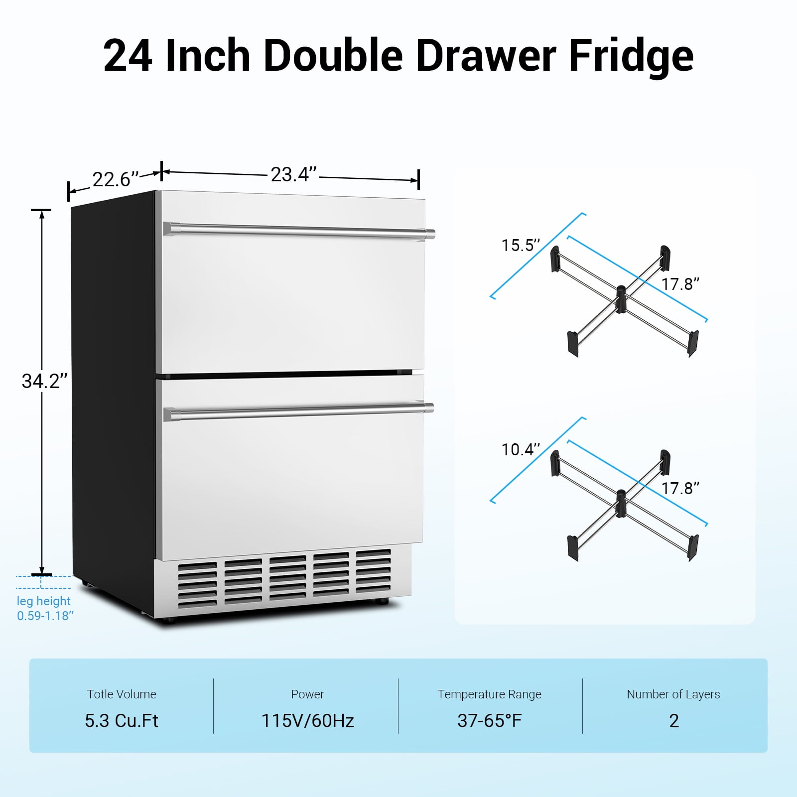 Joreek 24 Inch Under Counter Double Drawer Fridge Two Drawer Refrigerator Indoor Beverage Refrigerator, Stainless Steel Beverage Fridge for Home & Commercial Use (Foam Door)