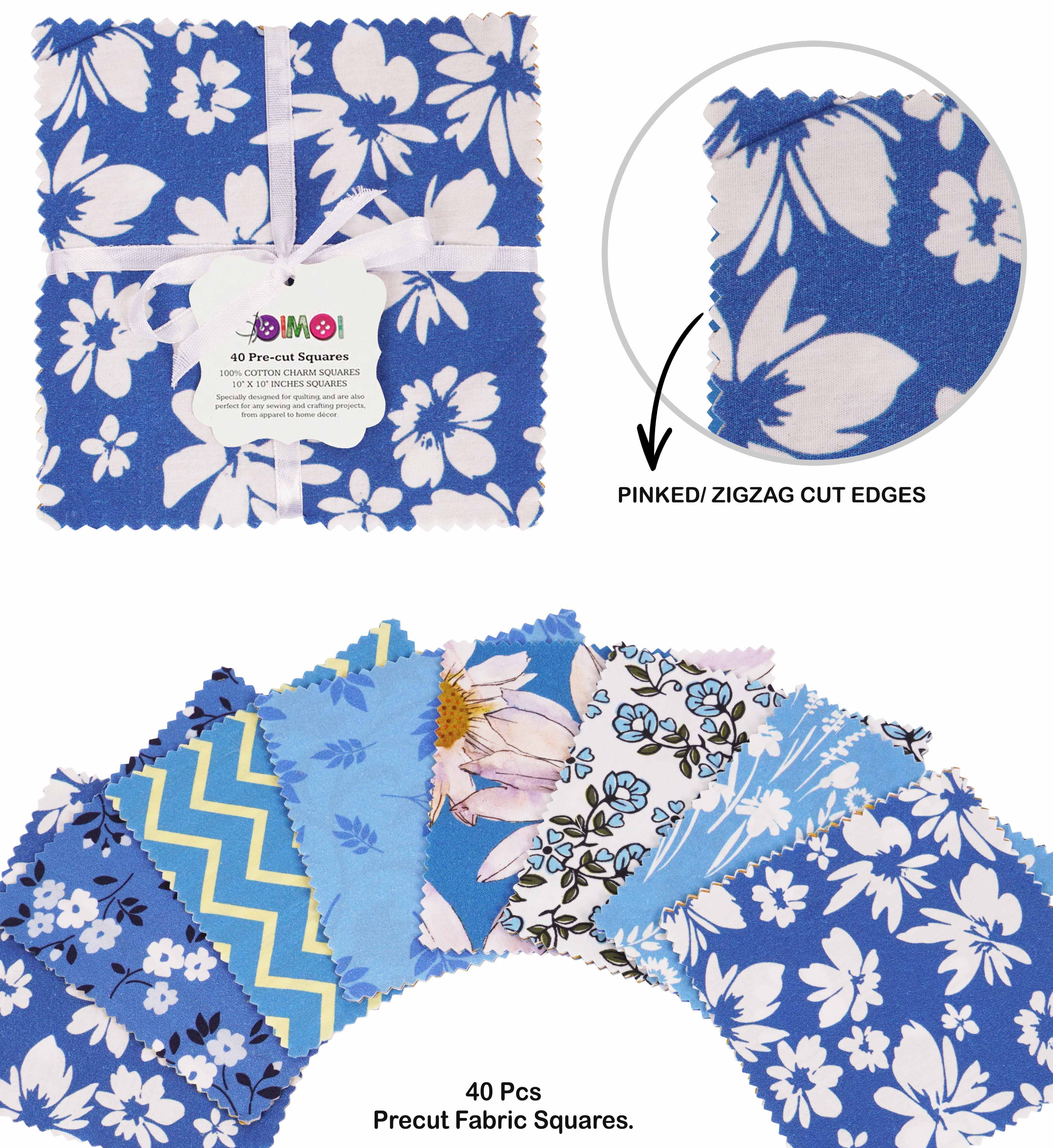 Soimoi Precut 10-inch Florals Prints Cotton Fabric Bundle Quilting Squares Charm Pack DIY Patchwork Sewing Craft- Mustard- Blue- White
