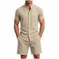 thumbnail image 2 of Maqroz 2 Piece Linen Shorts Set for Men Button Down Short Sleeve Shirt Elastic Waist Shorts Fashion Solid Casual Breathable Daily Wear with Pockets, 2 of 9