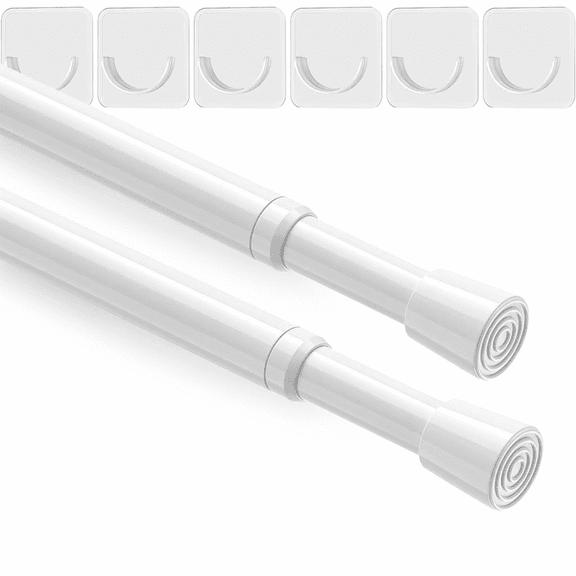 CNDRLEF 2 Pack Spring Tension Curtain Rod Set with 6 Adhesive Holders, Adjustable 20-35 in, White, for Windows, Closets and Cabinets