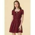 thumbnail image 2 of DARING DIVA Square Neck Short Sleeve Print A-Line Dress S Burgundy-Stars, 2 of 6