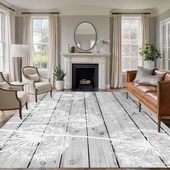 Rectangle Area Rugs 5 x 7 Ft, White Dandelion Non-Slip Residential Carpet, Spring Flowers Plants Vintage Gray Wood Indoor Crawling Mats Runner Rugs for Living Room/Dining Room/Bedroom