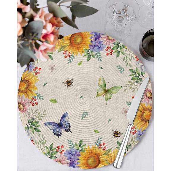 13 Inch Round Placemats Set of 4, Watercolor Flowers Non Slip Heat Insulation PP Table Mats, Spring Sunflowers Daisy Butterflies Beige Washable Place Mats for Kitchen Dining Party Table Decor