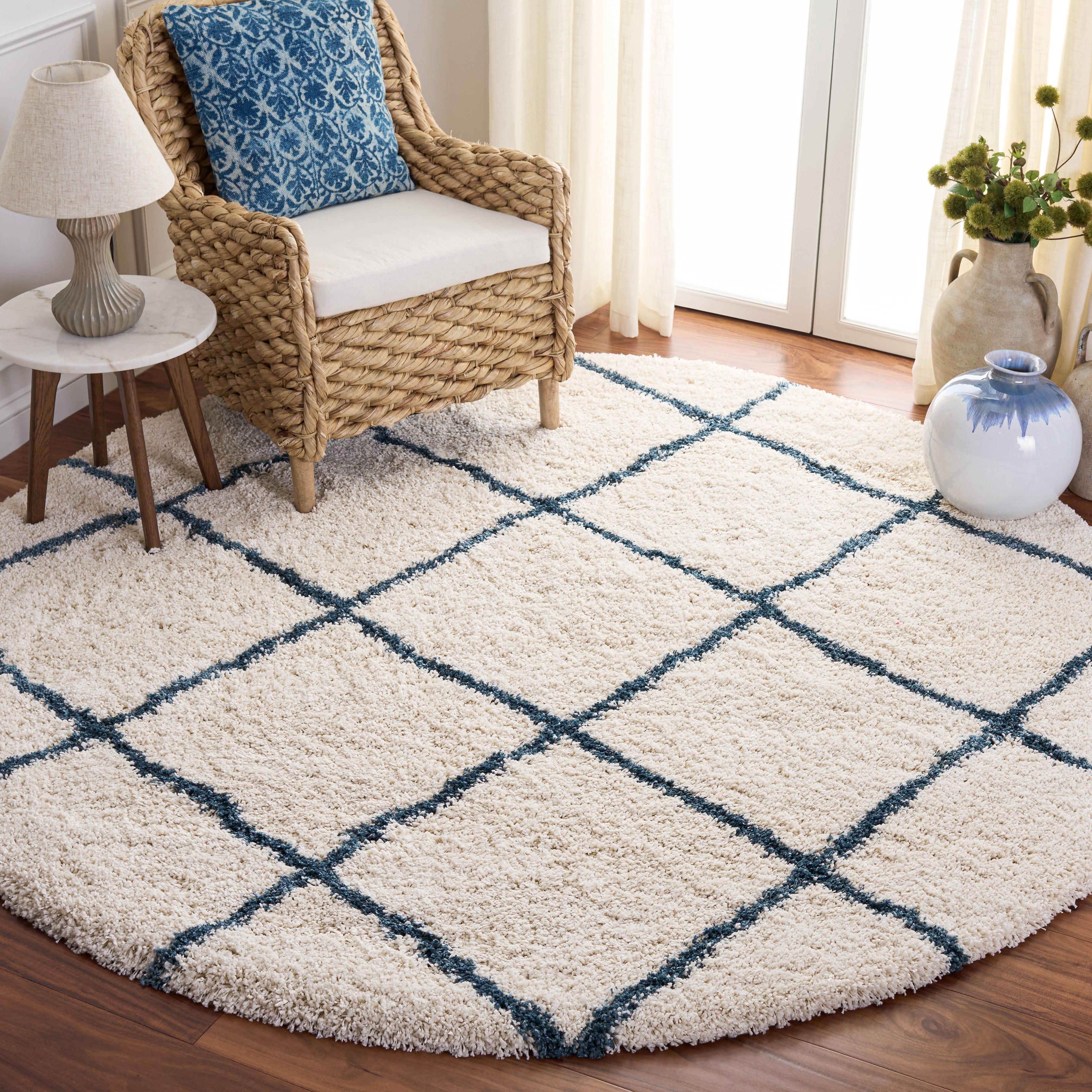 Safavieh Hudson Amias Geometric Shag Area Rug, Ivory/Steel Blue, 9' x 9' Round