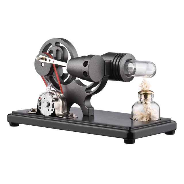 Hot Air Stirling Engine Electricity Generator Motor Model with LED Light Dollar Flywheel Design Science Experiment with Beech Base DIY Education Toy for Teacher Adults Kids School Office Dec