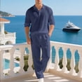 thumbnail image 2 of HBGVBA Men Loose Casual 2 Piece Solid Color Linen Button Down Lapel Long Sleeve Shirt Long Pants Set, 2 of 5