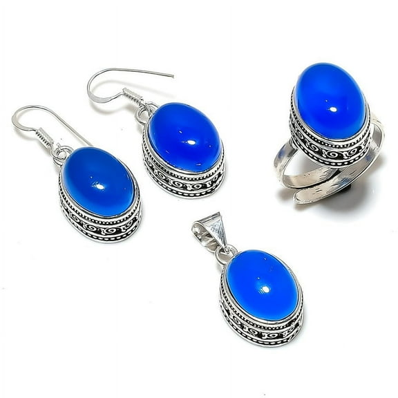 Blue Chalcedony Gemstone Handmade 925 Sterling Silver Set