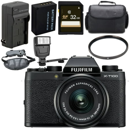 Fujifilm X-T100 Mirrorless Digital Camera with 15-45mm Lens (Black) 16582804 + 52mm UV Filter + Carrying Case + Universal Slave Flash unit + Hand Strap
