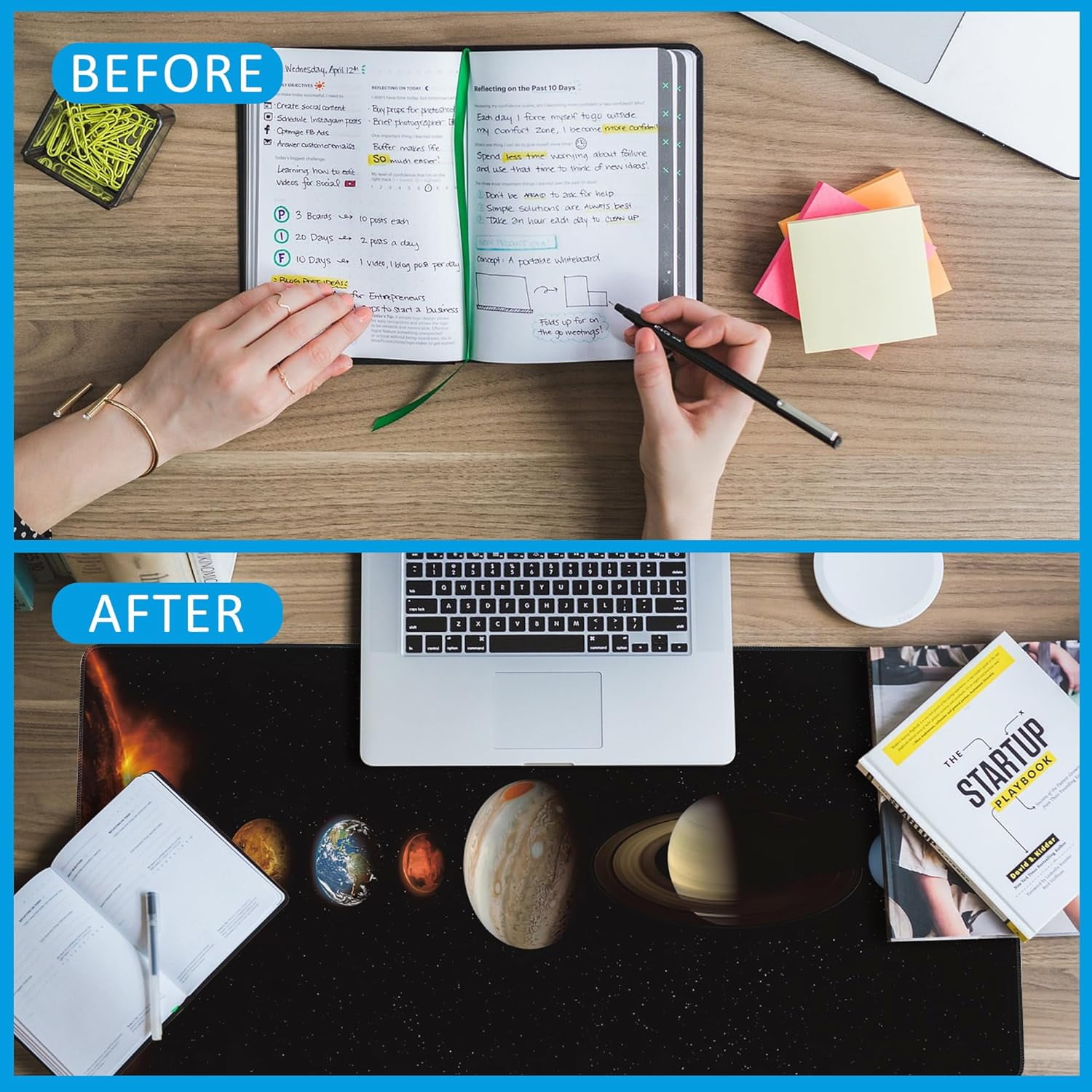 Mouse Pad,Solar System Planet Desk Mat for Desktop,Desk Pad with Non-Slip Base and Stitched Edge,Extended Mousepad for Office and Home 35.4X15.7 Inch