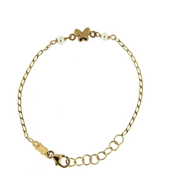 18K Solid Yellow Gold center Butterfly and two Pearls baby bracelet