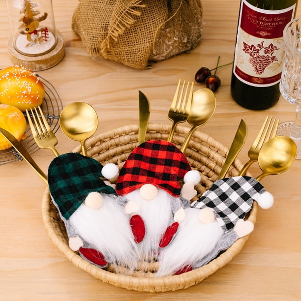 Cubiertos de Navidad, 6 cuchillos, tenedores, cuchara, bolsa de vajilla bonita, decoración de mesa de cocina para fiesta de cumpleaños de Navidad (D)