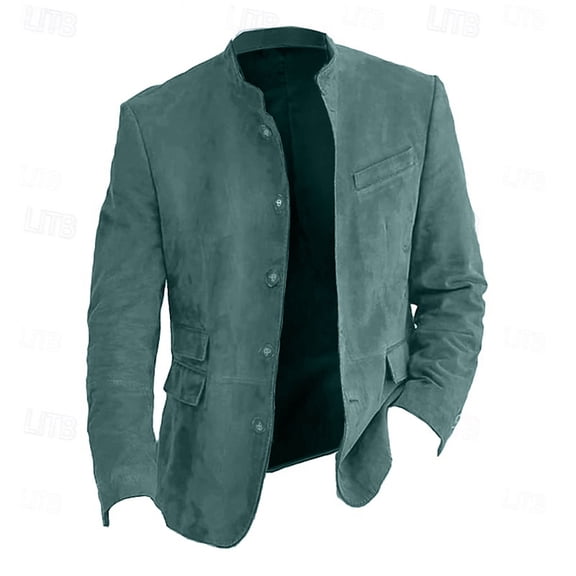 Faux Suede Blazer Jackets for Men Button Down Casual Vintage Jacket Multi-pocket Stand Collar Work Suit Coats Cyan L