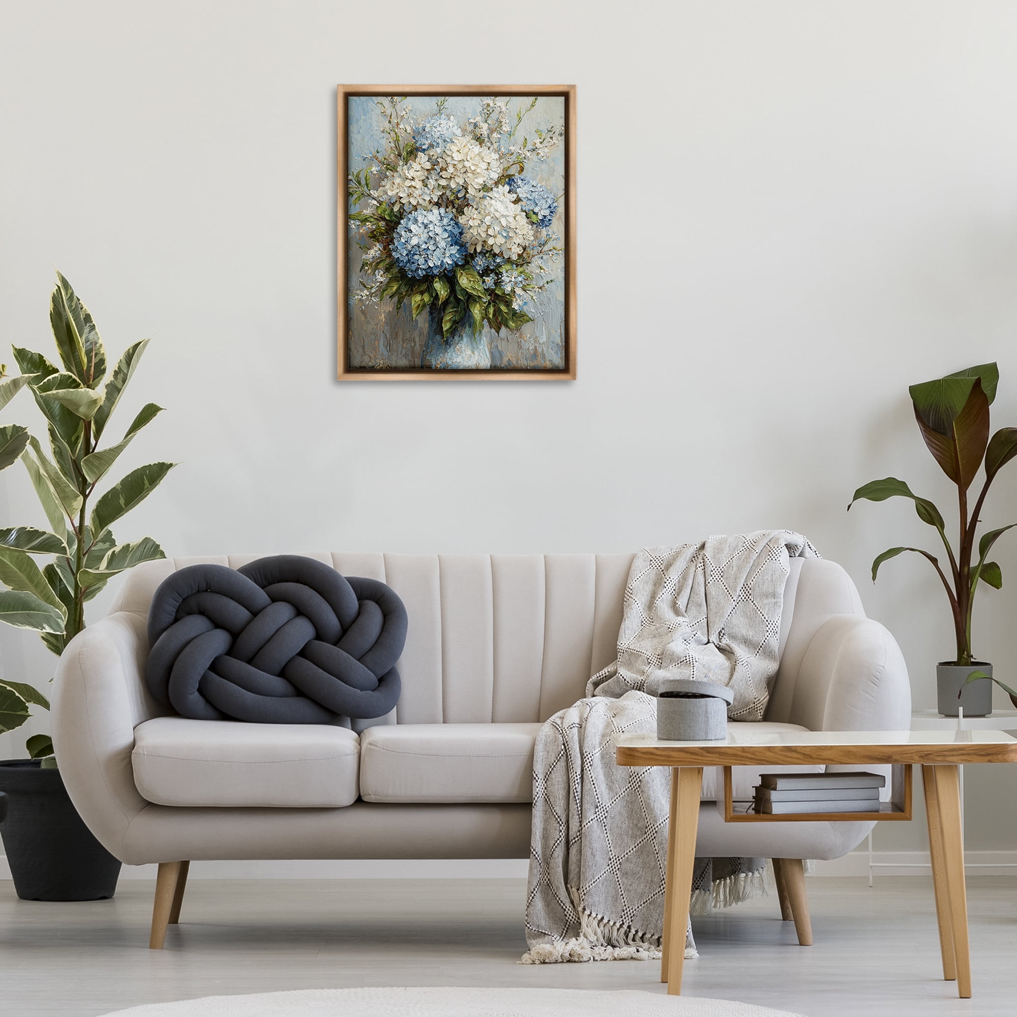 Stupell Industries Muted Classic Hydrangeas Floral Painting Brown Floater Framed Canvas Art Print Wall Art, 25 x 31