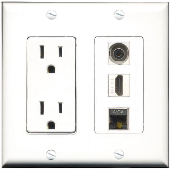 RiteAV - 15 Amp Power Outlet 1 Port HDMI 1 Port Shielded Cat6 Ethernet Ethernet 1 Port 3.5mm Decorative Wall Plate