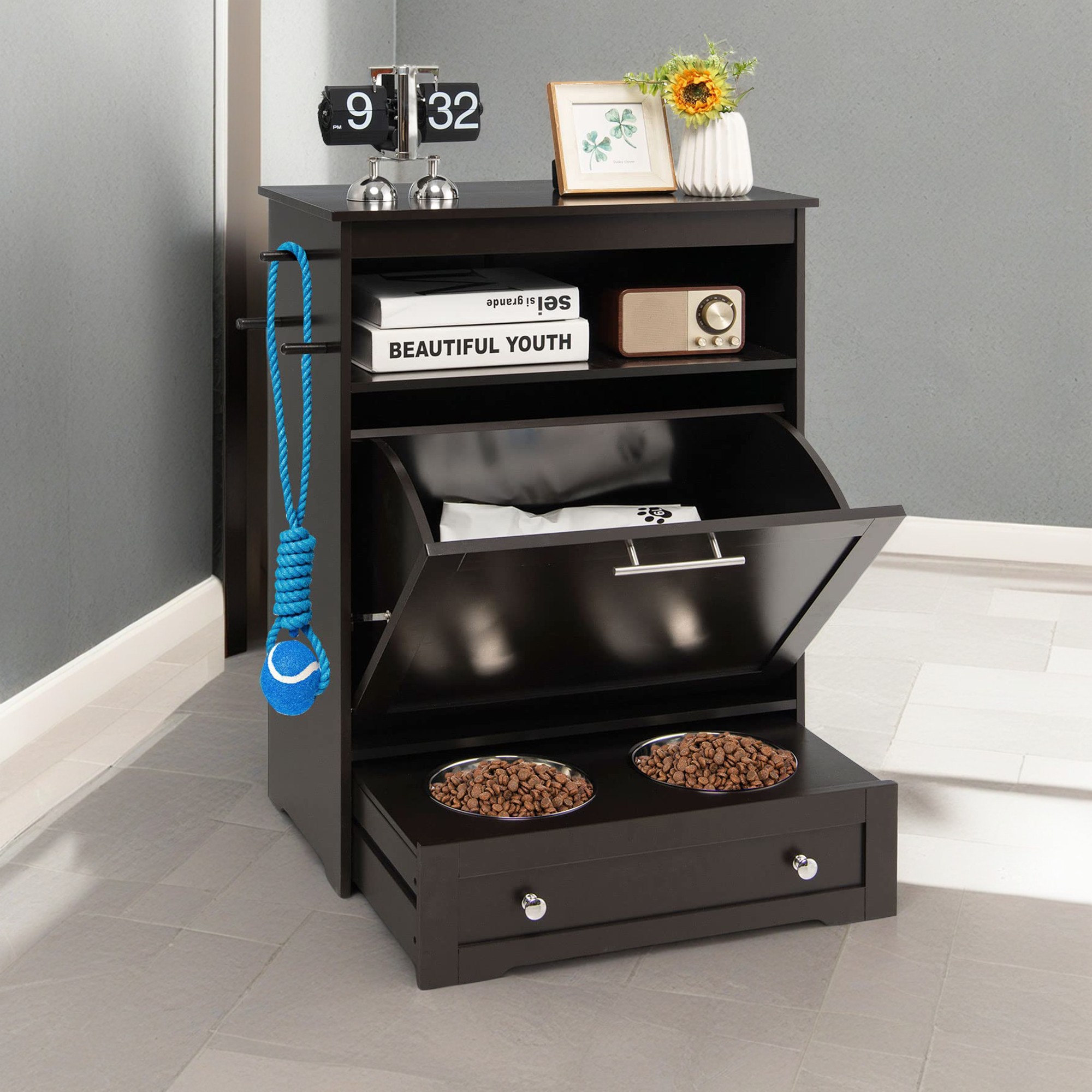 resenkos 32" Dog Feeder Station with Stainless Steel Bowl, Dog Food Storage Container, Pull Out Pet Food Cabinet, Brown