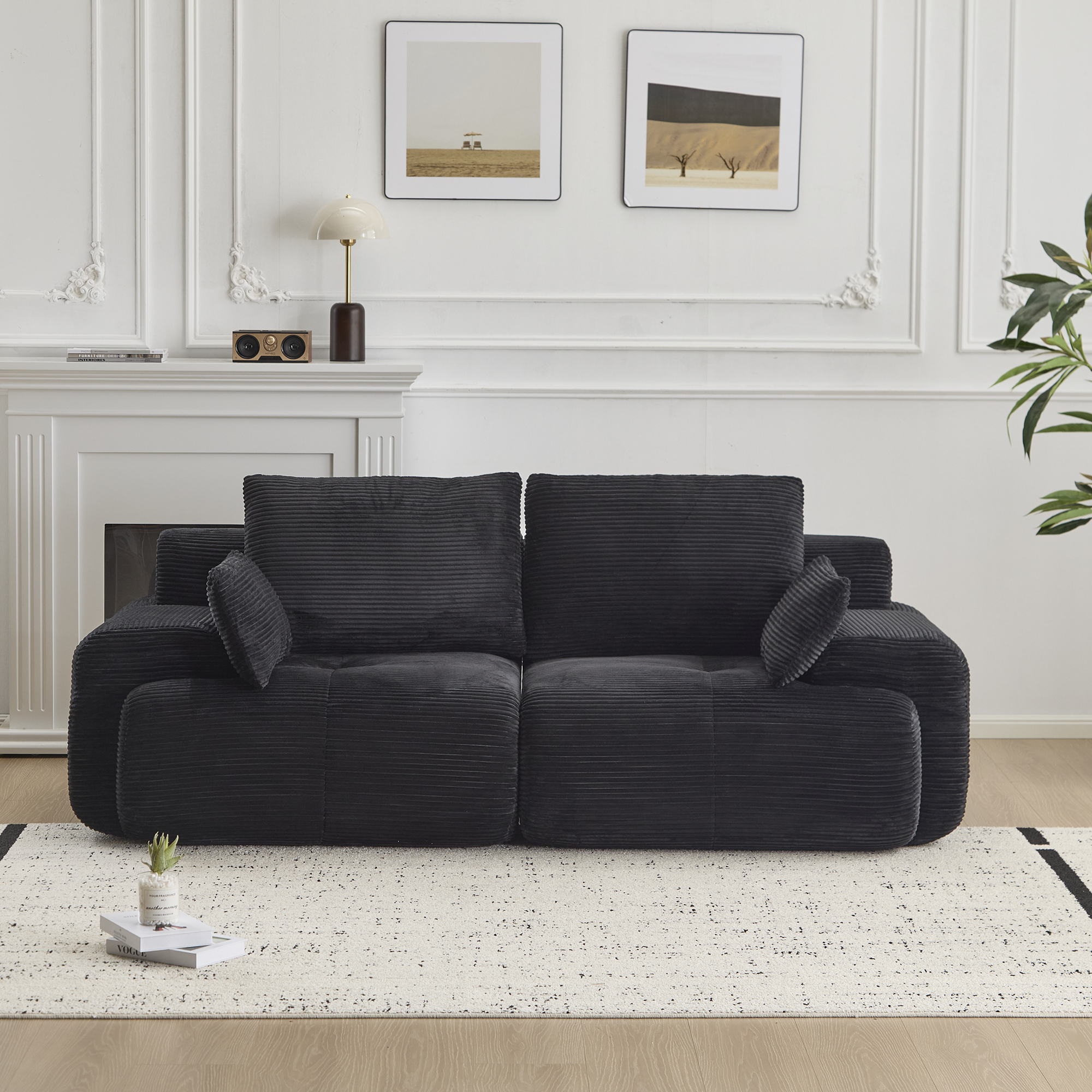 Miniyam 84" Corduroy Modular Sofa Couch with Cushions, Convertible Sectional Seating for Living Room, 1200 lbs Capacity, No Assembly, Black
