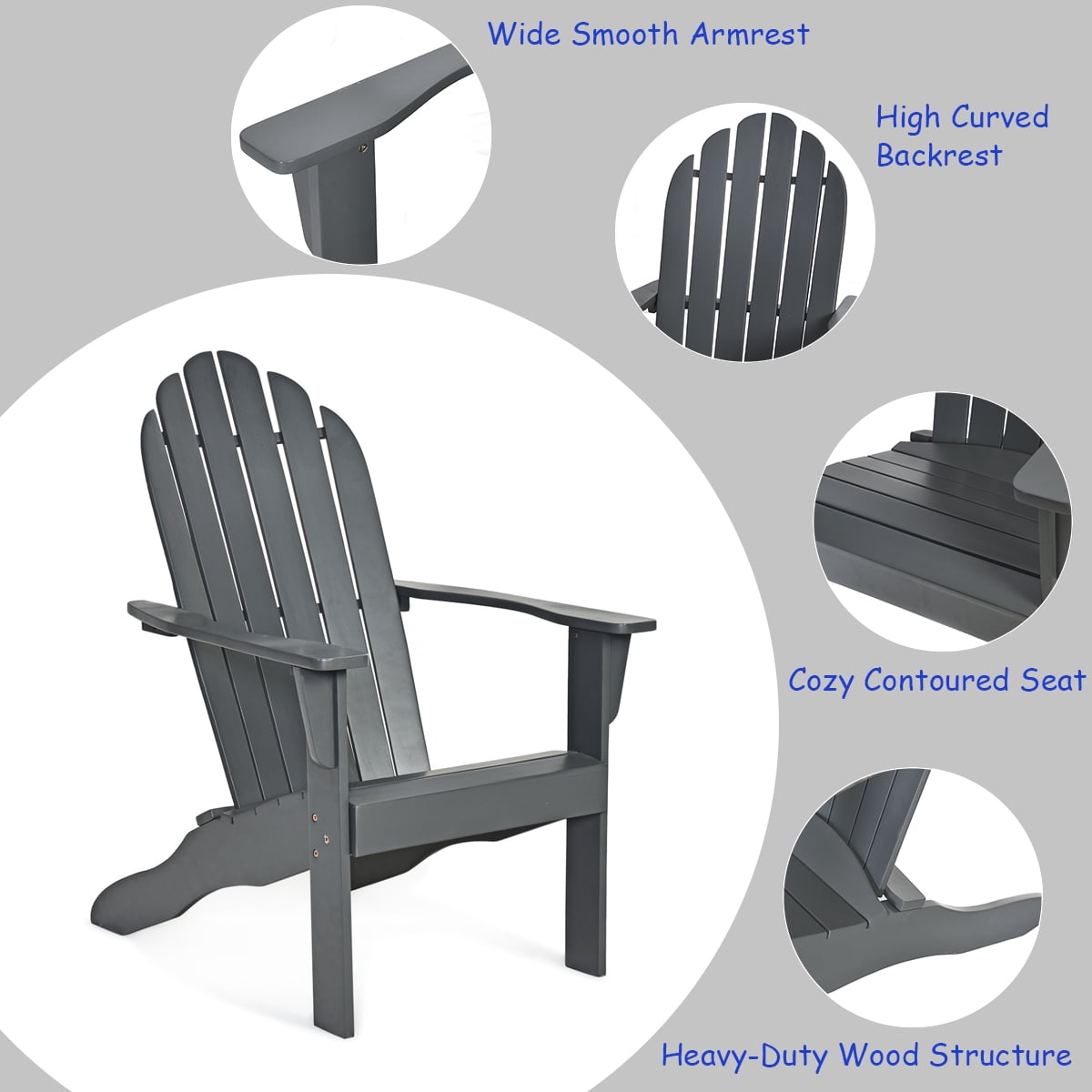 Topbuy Outdoor Adirondack Chair Patio Solid Acacia wood Gray