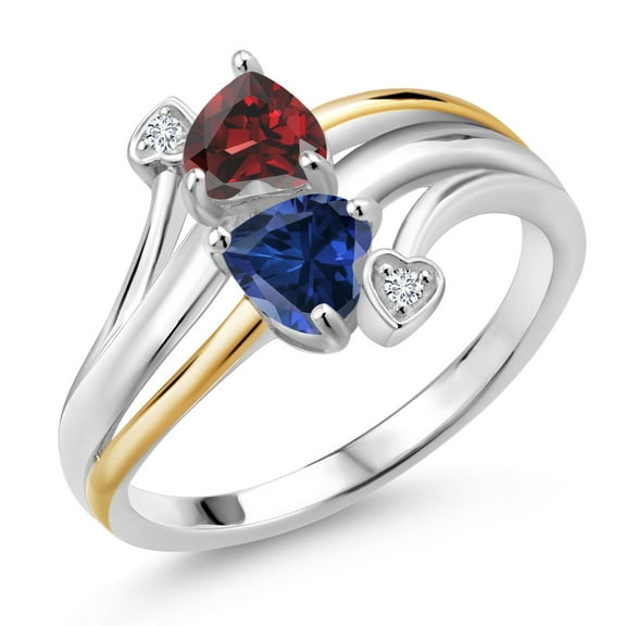 Gem Stone King 1.12 Cttw Red Garnet Blue Created Sapphire & Lab Grown Diamond 2 Heart Promise Couple Engagement Mother Ring | 925 Silver and 10K Yellow Gold| Size 8