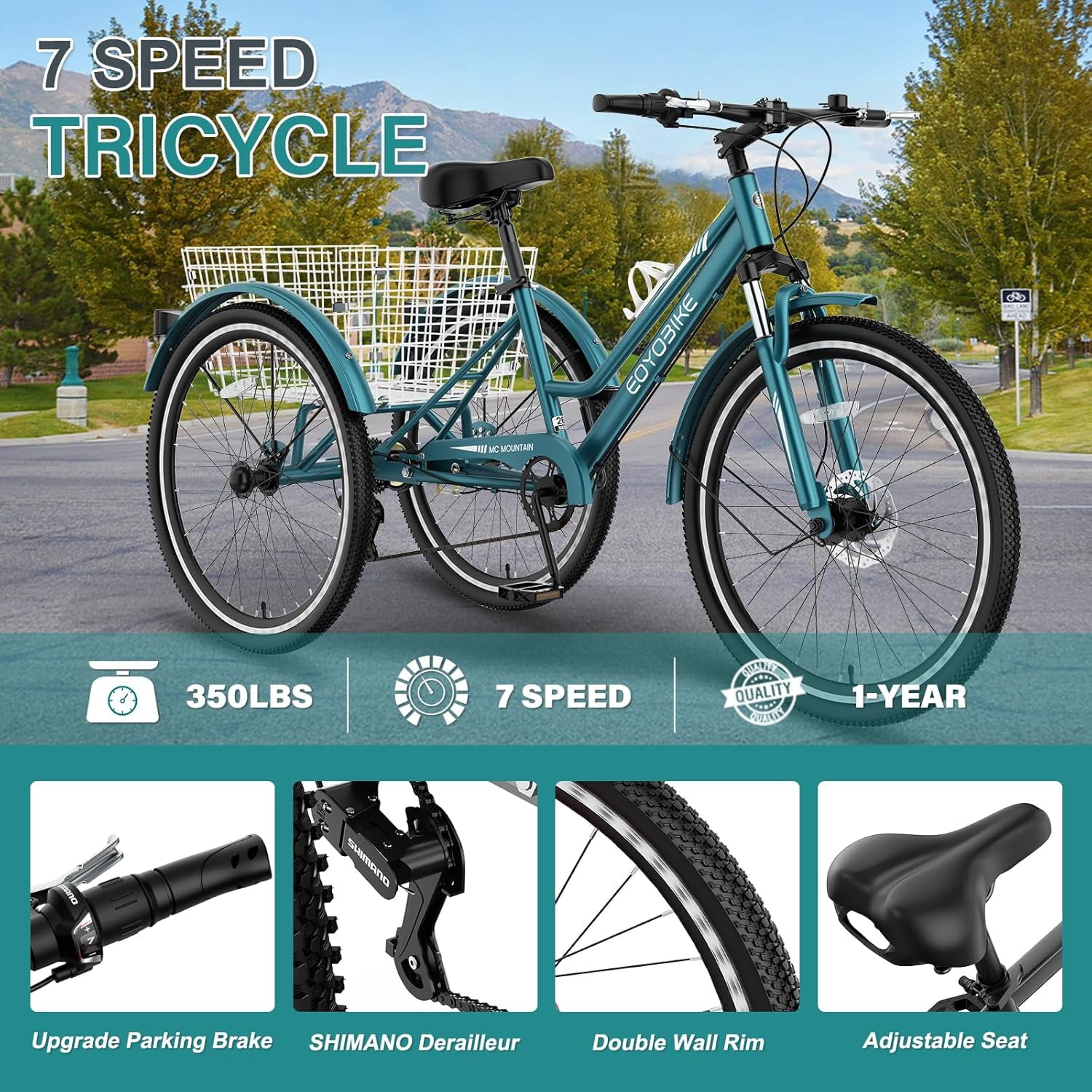 Lilypelle Mountain Tricycle for Adults, MTB 7 Speed Three Wheel Bike, 24/26/27.5 Inch Adults Trikes w/ Disc Brake & Cargo Basket for Women, Men, Seniors