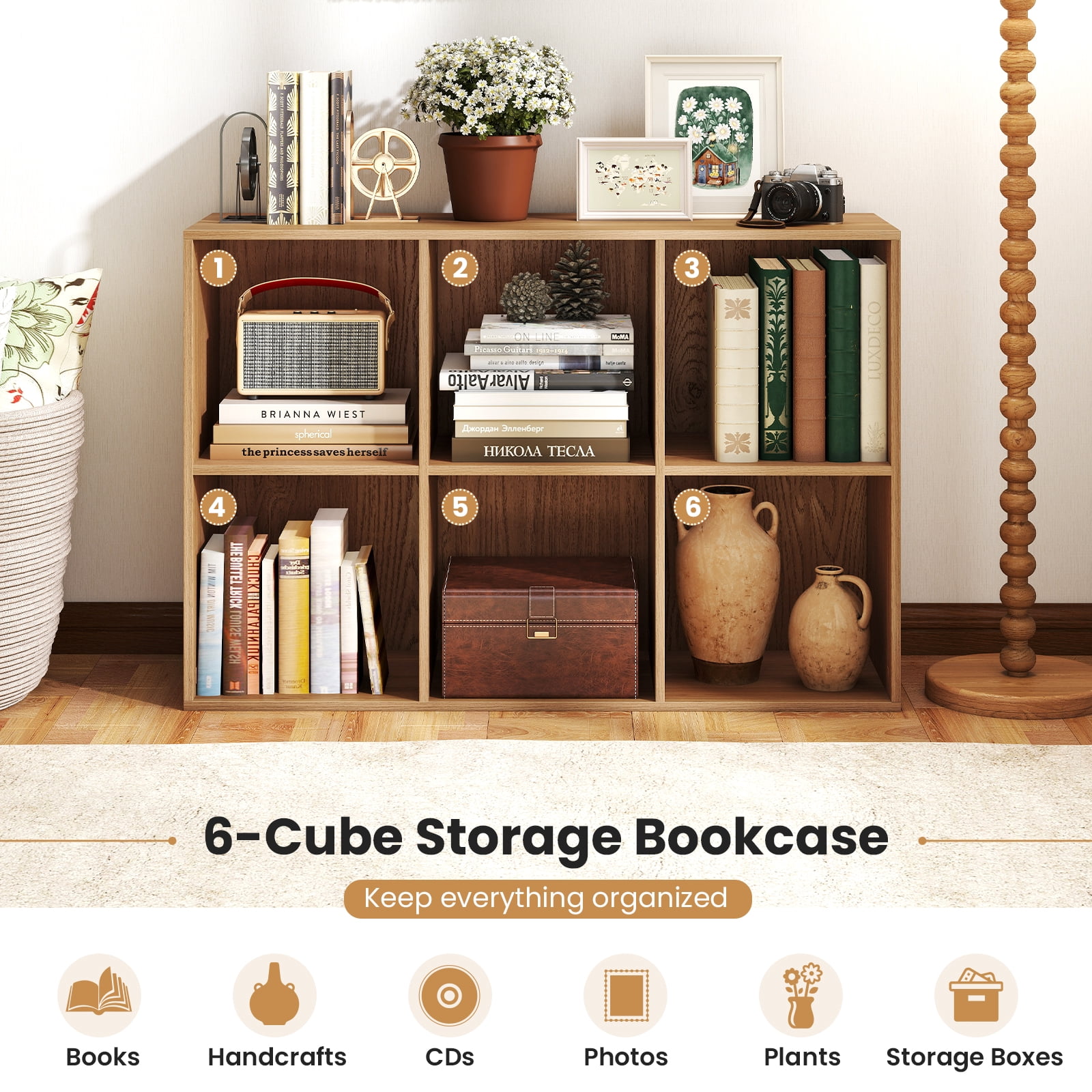 Costway 6-Cube Bookcase Modern 3-Tier Storage Organizer Horizontal Vertical Bookshelf Natural