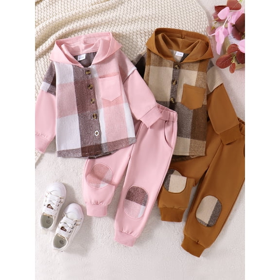 Little Boy Girl Pants Set Contrast Color Plaid Long Sleeve Button-up Hoodie Trousers Outfits