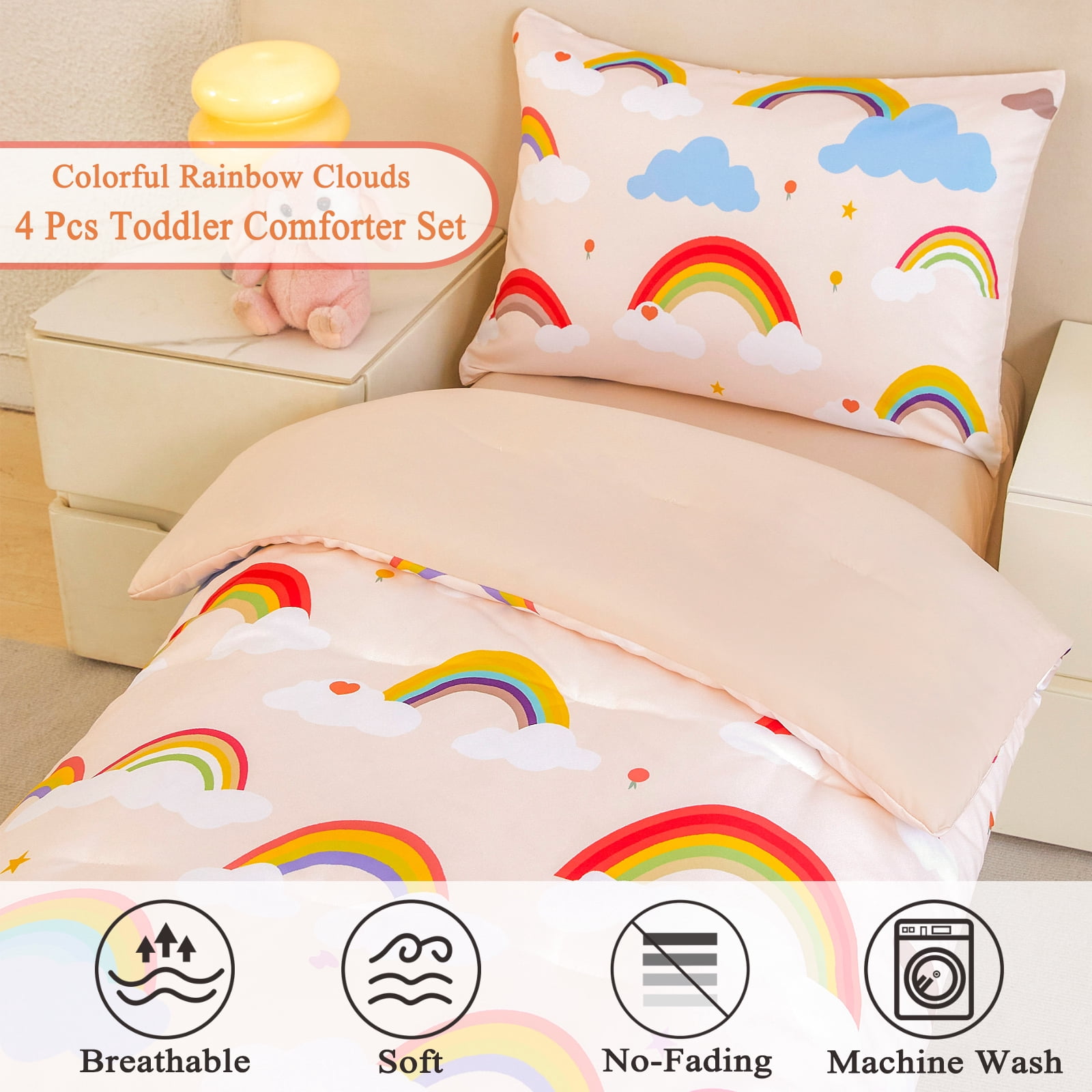 ZRNBAST 4 Piece Toddler Bedding Set, Rainbow Clouds Kids Crib Toddler Comforter Set for Girls, Beige