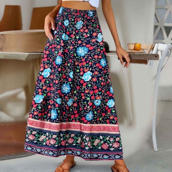 Skirts for Women Skirt Women's Bohemian Skirt with High Waist A-Line Flowing Design for Summer Pleated Long Skirt Full-Length Casual Daywear Red S