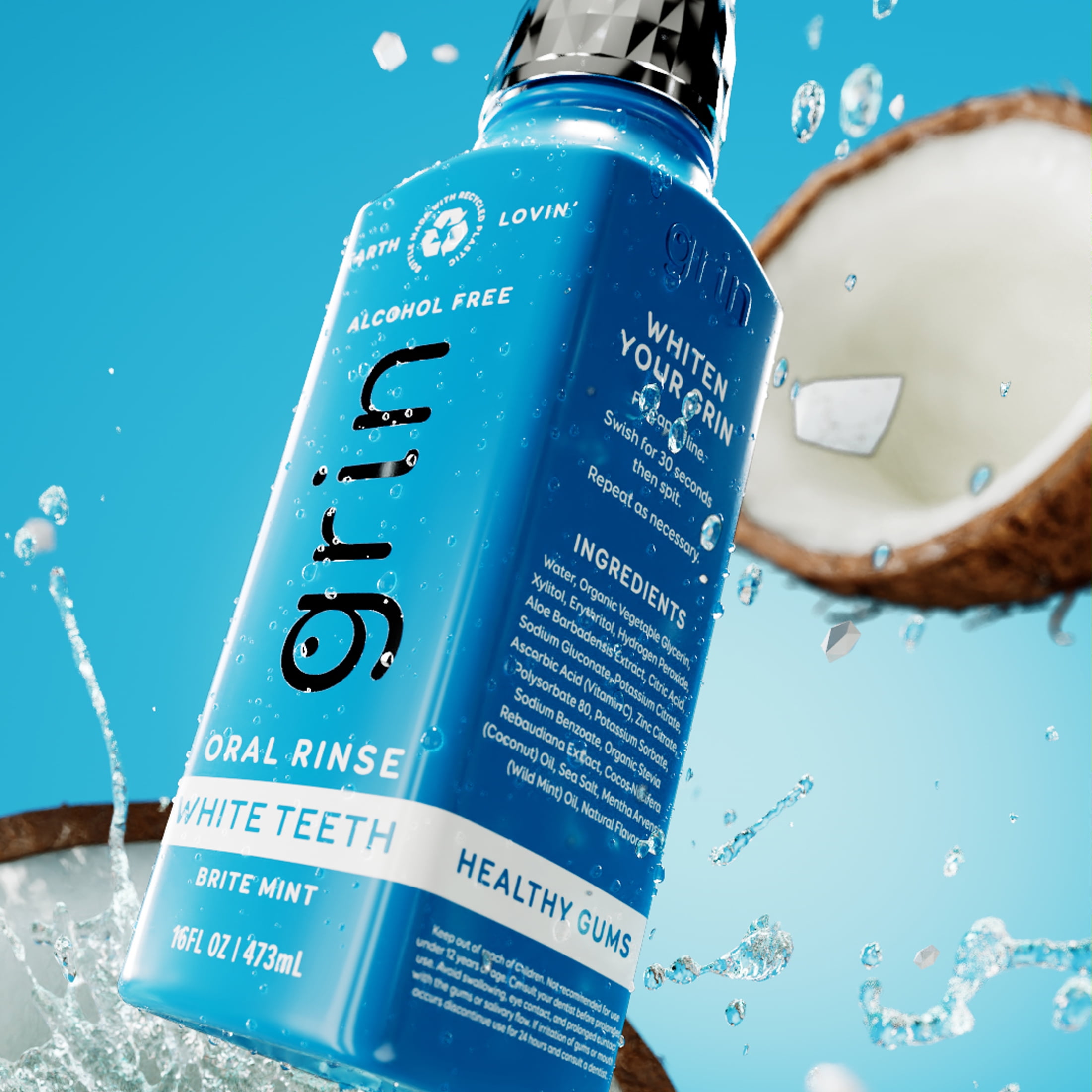 Grin White Teeth Oral Rinse - 16 oz - White Teeth Mouthwash, Mint Flavor, Alcohol-Free, Organic Ingredients, Coconut and Sea Salt, Aloe & Xylitol, Essential Oils, Bottle Made From Recycled Plastic