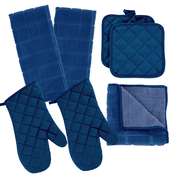 Kitchen Towels Set 2 Dish Towels, 2 Dish Cloth Scrubbers, 2 Potholders & 2 Oven Mitt (8, Blue)