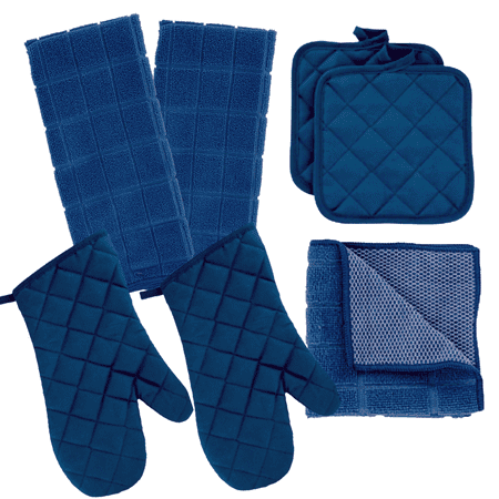 

Kitchen Towels Set 2 Dish Towels 2 Dish Cloth Scrubbers 2 Potholders & 2 Oven Mitt (8 Blue)