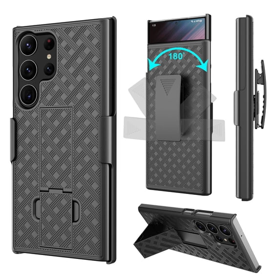 eBizware Samsung Galaxy S23 Ultra Belt Clip Holster Case Combo Shell Slim Rugged Case with Kickstand Swivel Shockproof Cover for Samsung Galaxy S23 Ultra 5G (6.8 inch) 2023, Black