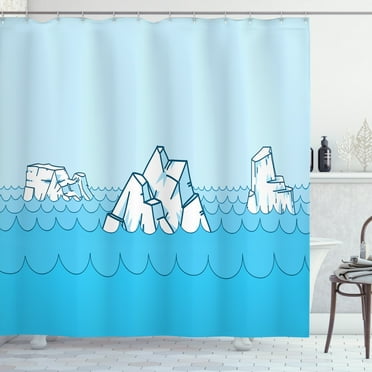 Ice Berg Shower Curtain, Cartoon Frosty Elements Floating on the Ocean, Fabric Bathroom Set with Hooks, 69W X 84L Inches Extra Long, Deep Sky Blue Pale Sky Blue Dark Teal Baby Blue, by Ambesonne