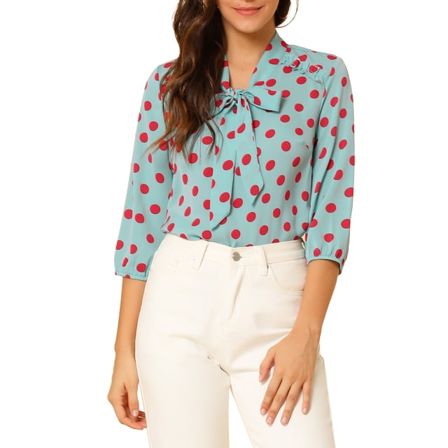 INSPIRE CHIC Blouse pour Femme à Imprimé, Poignets Élastiques, Col Noué, L Bleu Lac