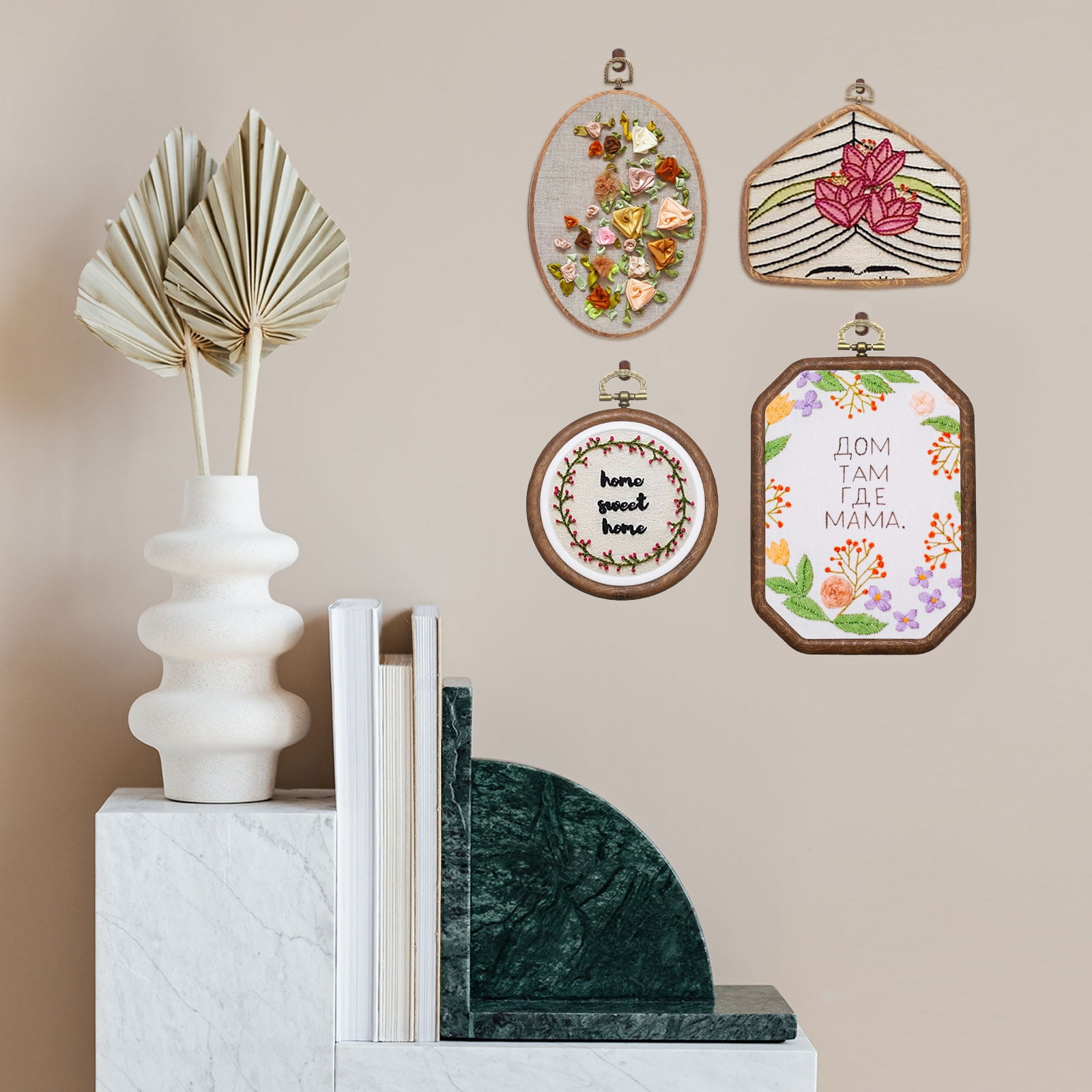 5 Pcs Embroidery Hoop Frame, Imitated Wood Round Cross Stitch Hoops with Metal Ring for Embroidery DIY Craft Sewing Wall Decor (5.12 Inch White & Brown)