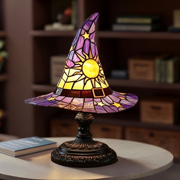 HIBIBUD Stained Glass Witch Hat Lamp Led Table Lamp Night Light for Home Decor (Purple)