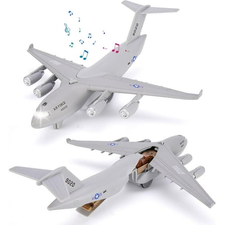 Air Force Diecast Plane Toy with Lights & Sounds Pull Back, Grey Metal Military Model Airplane, Army Aircraft Fighter Toy, Play Vehicle